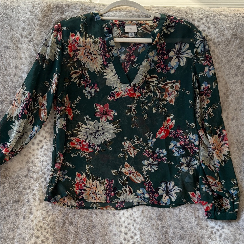 A New Day Floral V-Neck Blouse - Dark Green and Red